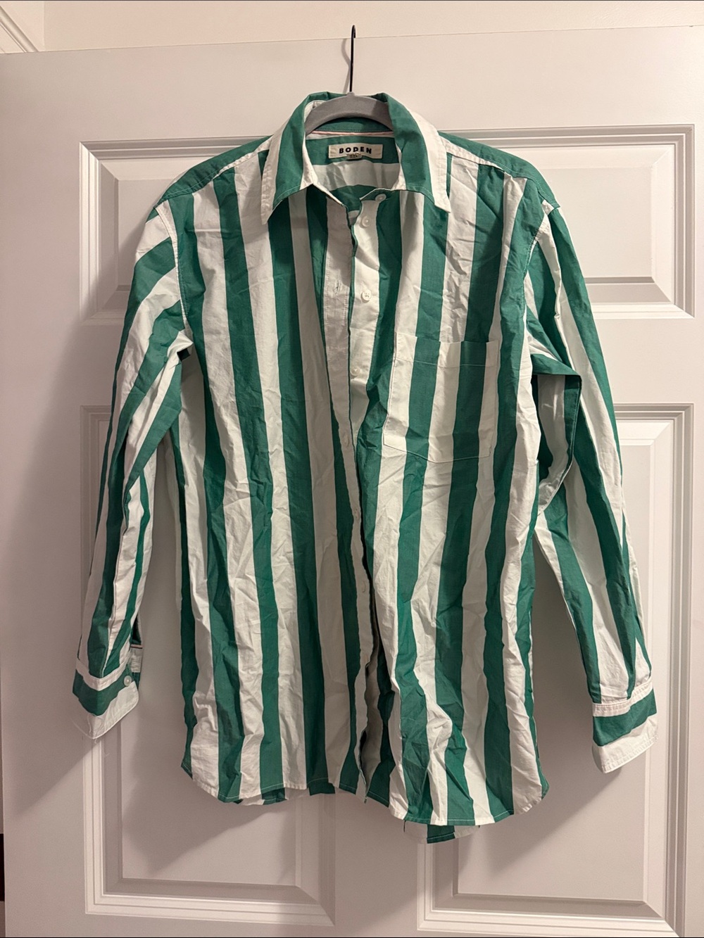 Boden Green and White Vertical Stripe Button-Down Shirt